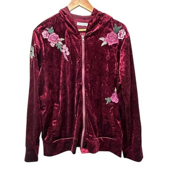 Standard Grace Crushed Velvet Hoodie XL Burgundy Floral Embroidered‎ Zip Jacket - Picture 1 of 7